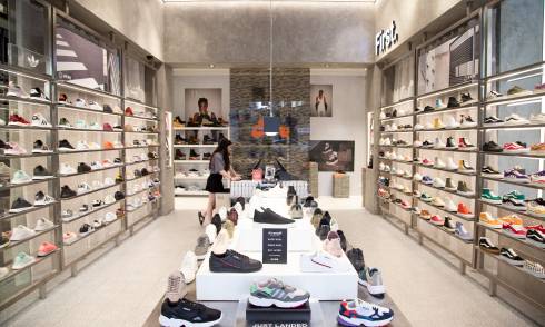 Wide view of shoe showroom